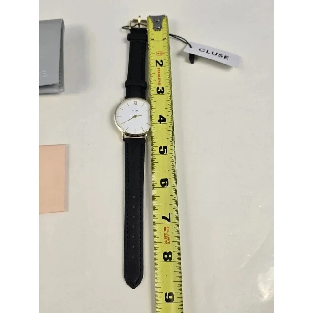 Cluse Minuit Womens Watch 38mm Gold Tone Round White Dial Black Leather Band NWT